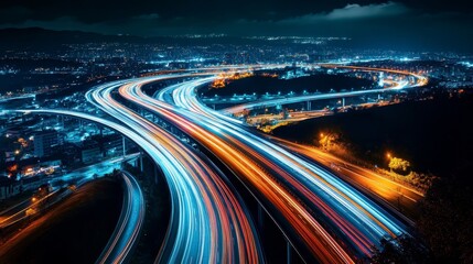 Fototapeta premium Aerial view of nighttime highway light trails showcasing urban speed and infrastructure