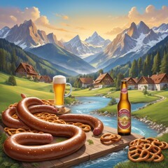 Fototapeta premium Bavarian Beer River with Pretzel and Sausage Banks