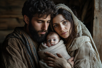Obraz premium Mary and Joseph holding baby Jesus in a manger, humble Jewish couple from the 1st century AD