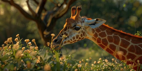 A giraffe thoughtfully eats its food while observing its surroundings.