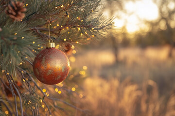 Outback Australian Christmas scene features festive decorations under soft daylight, blending holiday cheer with the rugged, sunlit landscape