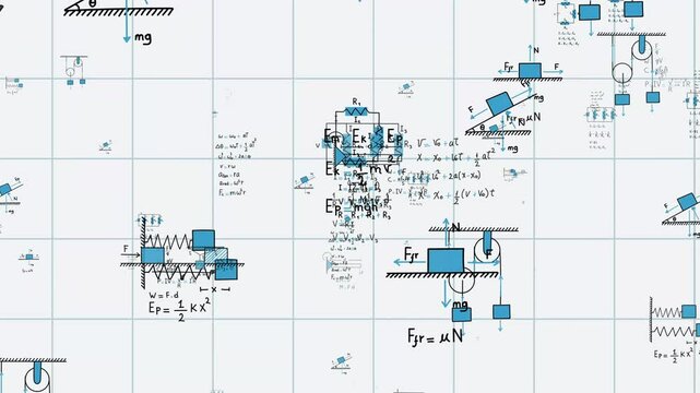 Equations of physics, uniform rectilinear motion, statics, electromagnetism, electrical circuits, friction force, energy, angular velocity, with grid sheet background. Seamless loop animation