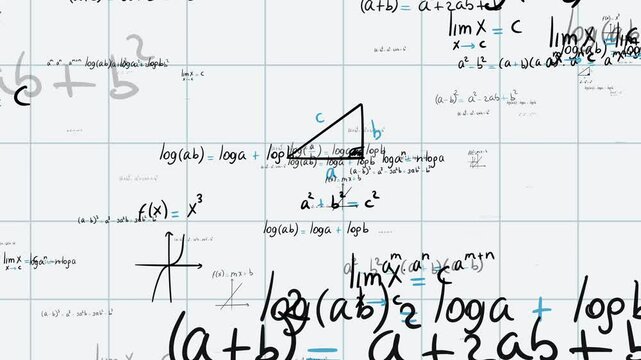 Math exercises, formulas and equations for calculus, algebra with grid sheet background. School and university notes, functions, potentiation, logarithms, notable products. Seamless loop animation