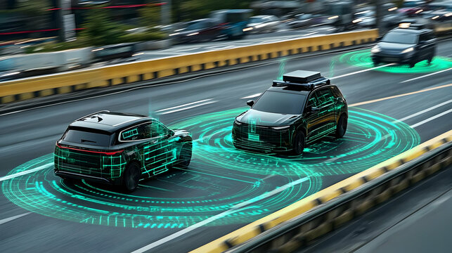 Self-Driving Cars Utilize Advanced Technology for Safe Navigation on a Busy Highway