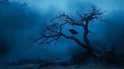 A lone crow perches on a bare tree branch in a foggy, mysterious landscape at dusk.
