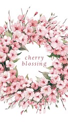 Watercolor spring blooming cherry tree flowers wreath, hand painted on a white background