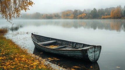 Vintage wooden fishing boat docked on a lake in a quiet village during cloudy autumn days