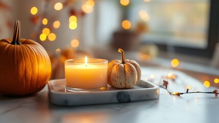 Cozy minimalistic bathroom decor featuring a burning candle, pumpkins, and warm ambient lights