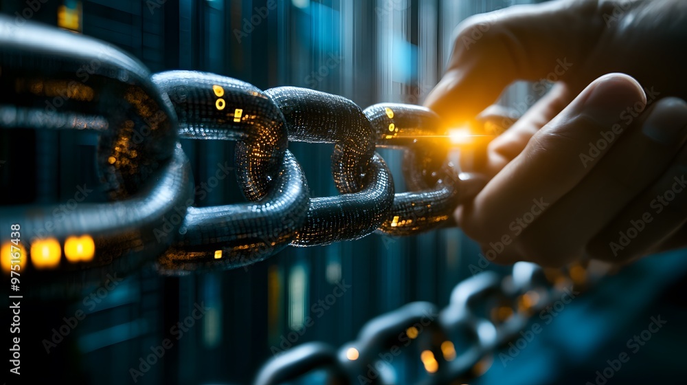 Poster a businessman unlocking secure, transparent blockchain ledgers, with data chains linking across mult