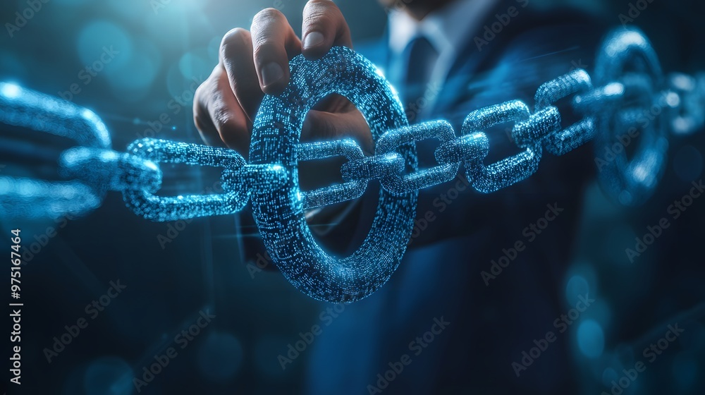Poster a businessman unlocking secure, transparent blockchain ledgers, with data chains linking across mult