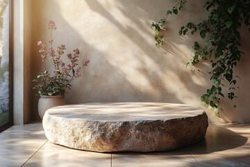 Stone podium for displaying cosmetic products with a neutral background for branding and packaging. Suitable for advertising and marketing purposes.