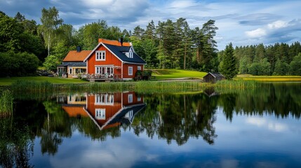 Obraz premium Charming swedish lakeside cottage with stunning reflections in tranquil surroundings