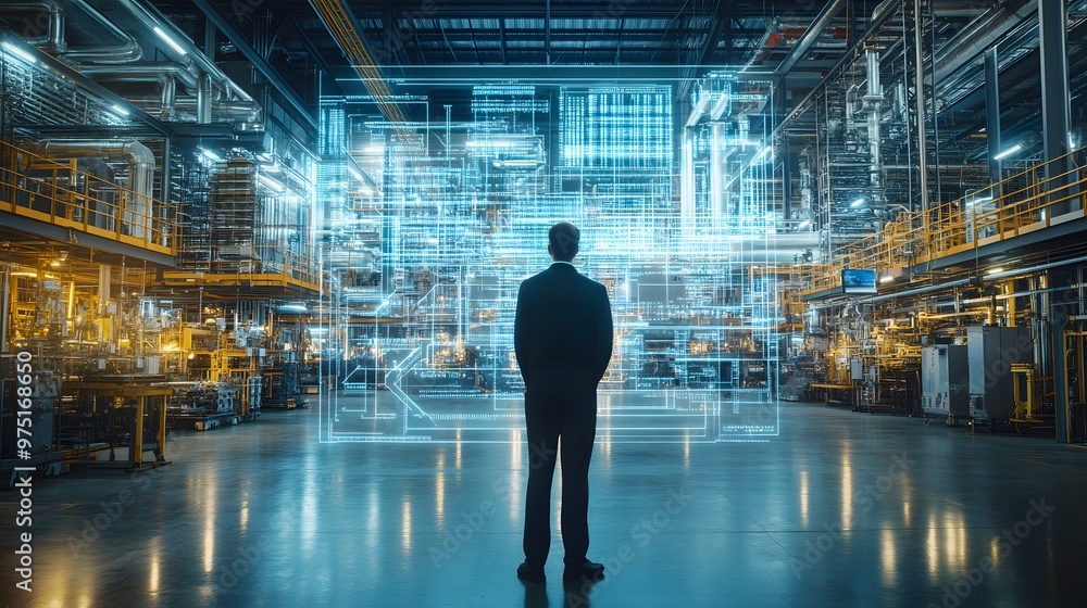 Poster a businessman standing in front of a digital twin of an industrial facility, with virtual simulation
