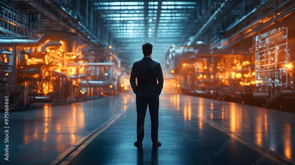 Poster a businessman standing in front of a digital twin of an industrial facility, with virtual simulation