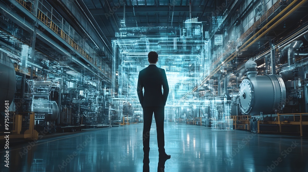 Poster a businessman standing in front of a digital twin of an industrial facility, with virtual simulation