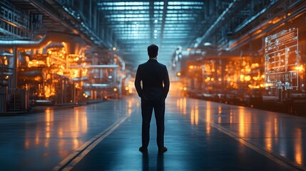 Fototapeta premium A businessman standing in front of a digital twin of an industrial facility, with virtual simulations running parallel to real-time operations
