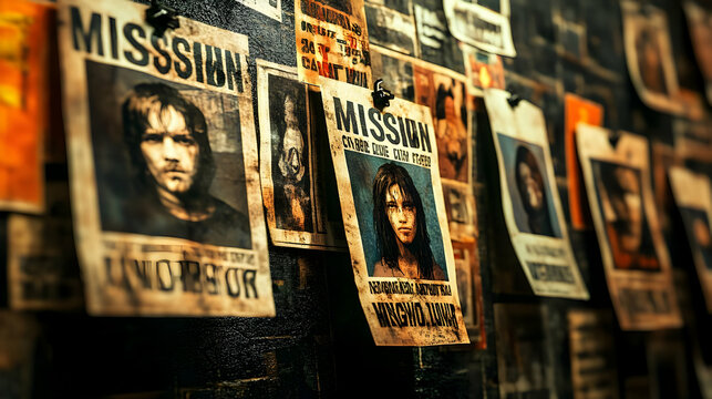 Missing Person Posters on Cork Board Create Intriguing Narrative