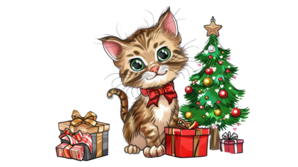 Christmas kitten cat gifts and tree cartooned on transparent background
