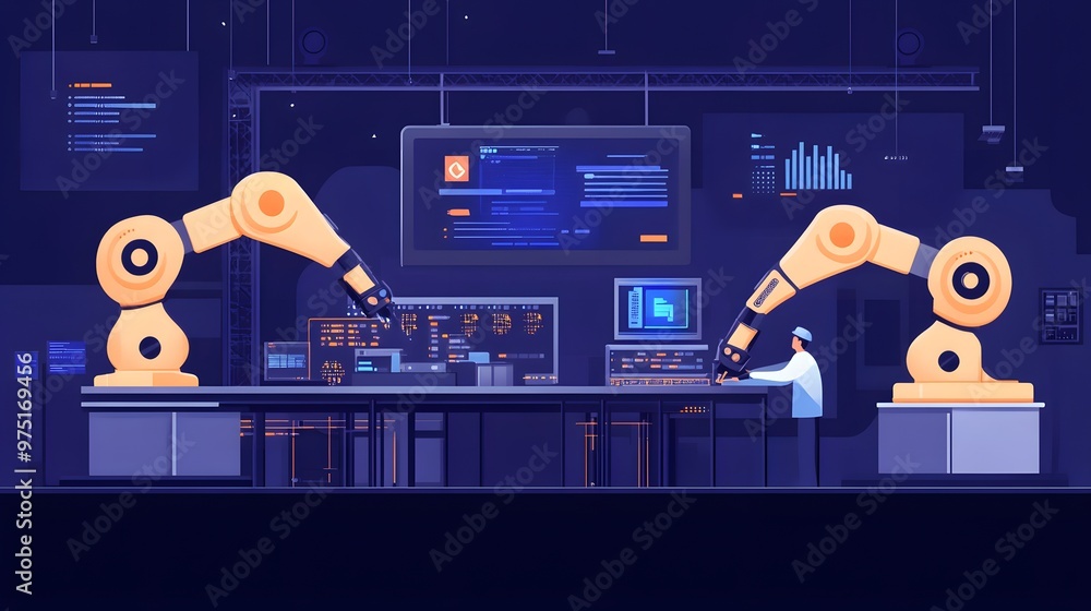 Aufkleber a digital factory floor, where robotic arms perform complex tasks with precision, guided by an execu