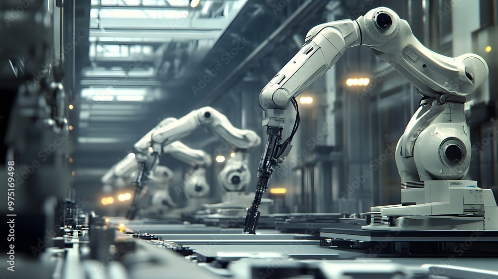 Aufkleber a digital factory floor, where robotic arms perform complex tasks with precision, guided by an execu
