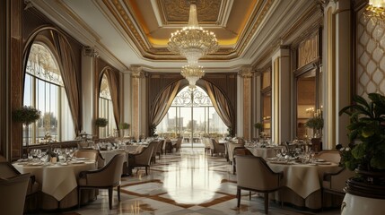 Luxurious restaurant interior with large windows, ornate chandeliers, and elegant dining tables.