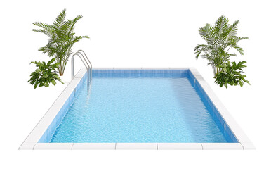 A serene swimming pool surrounded by tropical plants, perfect for relaxation and leisure in a sunny environment.