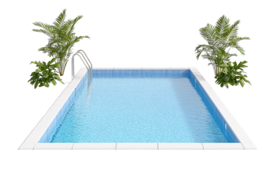 A serene swimming pool surrounded by tropical plants, perfect for relaxation and leisure in a sunny environment.