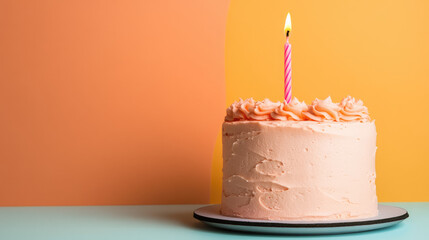 A pink birthday cake with a lit candle on top