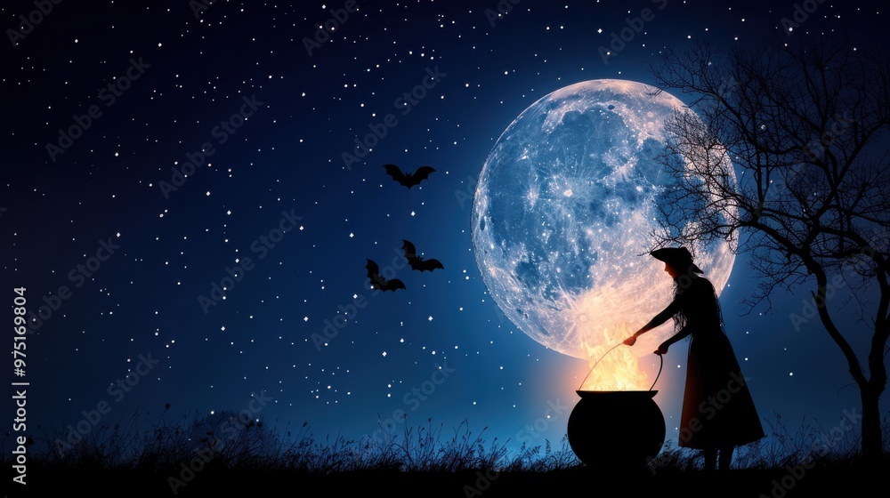 Wall mural witch stirring cauldron under full moon night sky