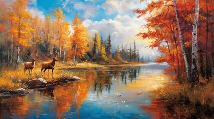 Obraz premium Stunning colorful autumn reflections of wildlife in a peaceful lakeside landscape scene