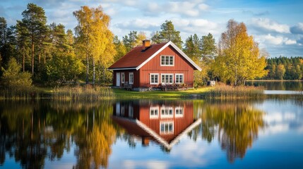 Fototapeta premium Charming swedish lakeside home with beautiful reflections in tranquil surroundings