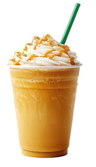 Delicious caramel frappuccino topped with whipped cream and caramel drizzle, served in a clear cup with a green straw.