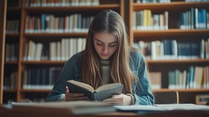 A high school kid is studying by taking notes from a book. A young woman is using the college library's desk to look up information. girl in the classroom studying intently and finishing her homework.