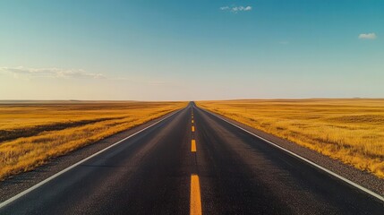 Fototapeta premium Straight highway across a vast prairie, evoking the freedom of an uncharted journey, Prairie Highway, Expansive Exploration