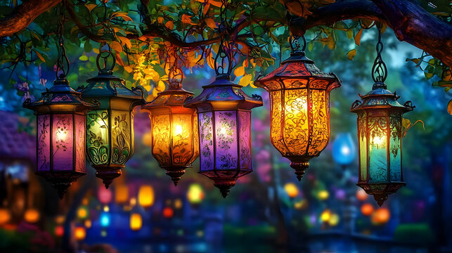 Colorful lanterns glowing in tree with bokeh lights in background