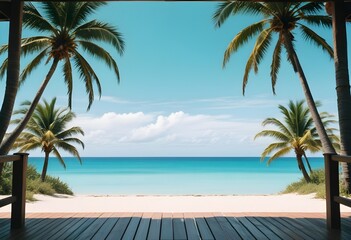 Obraz premium A tropical beach scene with a wooden deck overlooking a calm, turquoise ocean. Two palm trees frame the view on either side