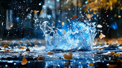 Water Splashes with Falling Leaves During Rain Shower