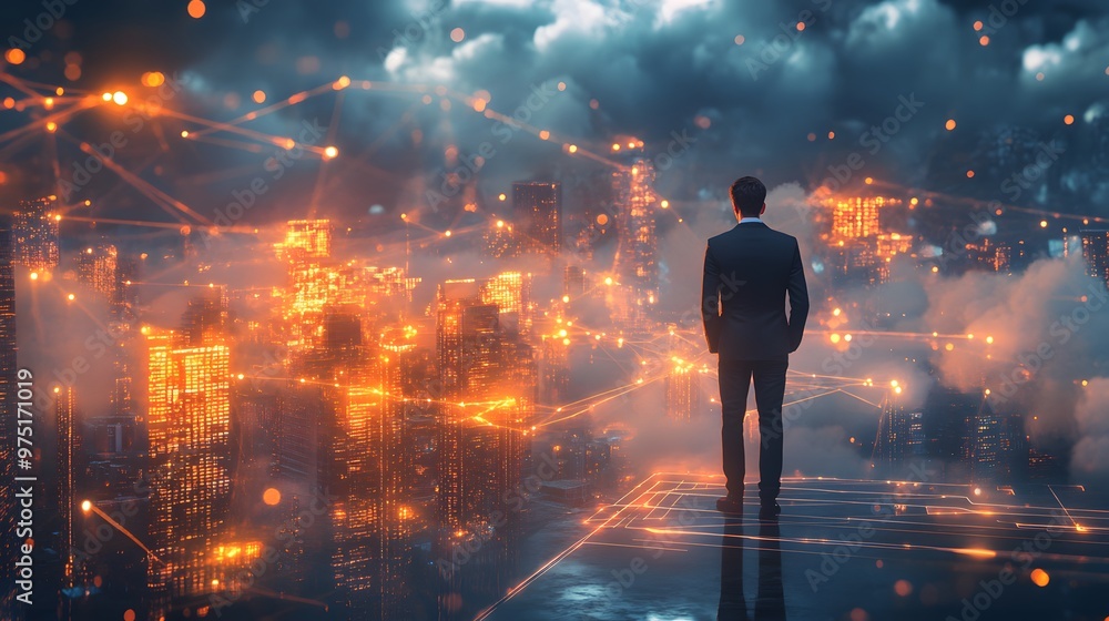 Poster a businessman managing a thriving ecosystem of interconnected technologies, from cloud computing to 