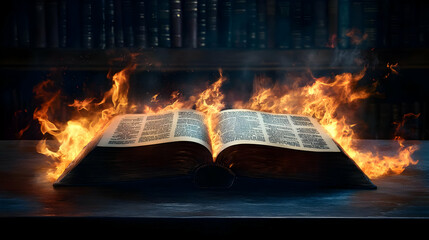 An Open Book with Burning Pages Engulfed in Flames on a Table