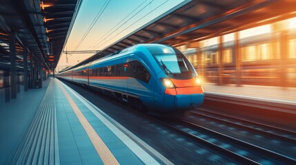 Fototapeta premium Dynamic blue intercity train in motion at sunset on european railway station platform