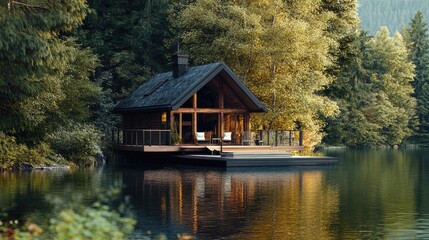 Obraz premium Peaceful lakeside cabin with an elegant wooden deck, surrounded by tall trees and serene waters, perfect for travel and quiet retreat