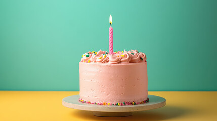 A pink birthday cake with a lit candle on top