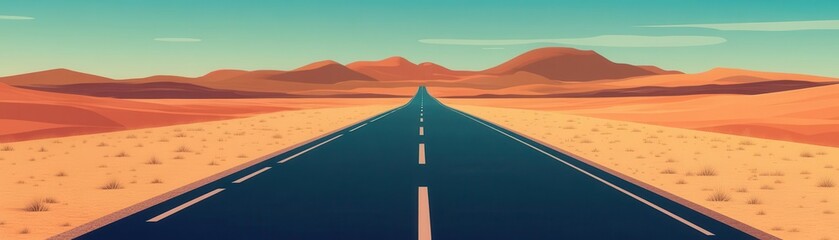 Fototapeta premium Front view of a road stretching into eternity, flat design, animated in dynamic colors, symbolizing exploration