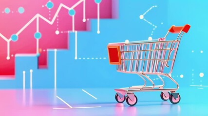 A shopping cart in front of a colorful background with graphs and data visualizations.
