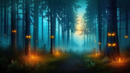 Mysterious Forest Path with Glowing Eyes in Trees