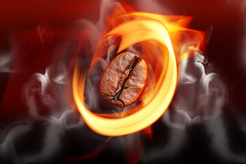 Coffee bean on fire background. Aromatic coffee. Roasted coffee beans. Freshly roasted coffee with...