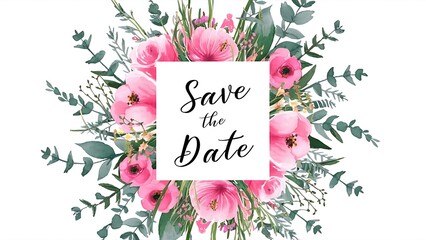Card template with watercolor pink flowers, wildflowers, green leaves, branches and eucalyptus;  hand painted isolated illustrations on a white background, Save the date card design