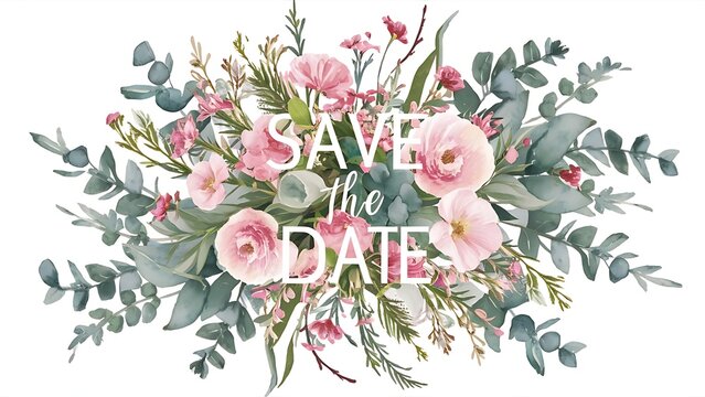 Card template with watercolor pink flowers, wildflowers, green leaves, branches and eucalyptus;  hand painted isolated illustrations on a white background, Save the date card design