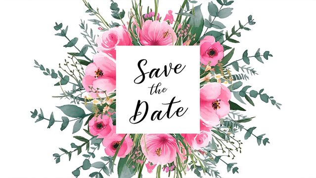 Card template with watercolor pink flowers, wildflowers, green leaves, branches and eucalyptus;  hand painted isolated illustrations on a white background, Save the date card design