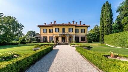 Obraz premium Beautiful countryside estate with manicured gardens and elegant architecture, a peaceful and luxurious destination for travelers